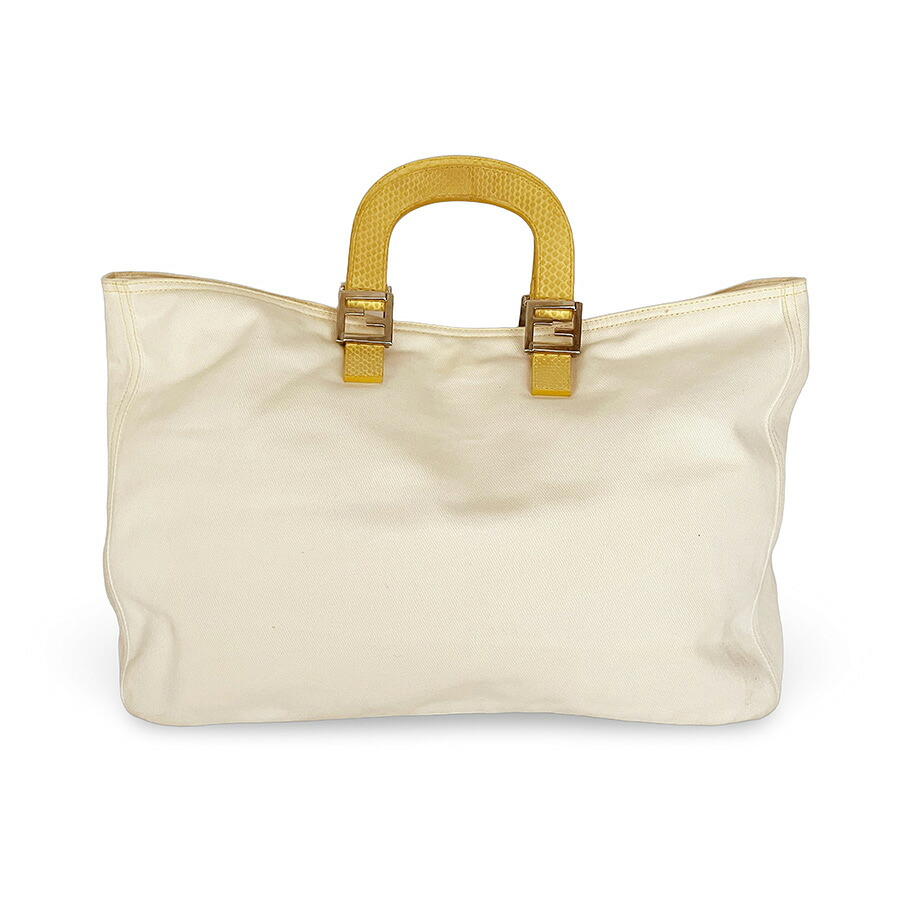 FENDI フェンディ FF金具 パイソンハンドル キャンバス トートバッグ マザーズバッグ アイボリー イエロー【中古】【鑑定済み】 27,972円