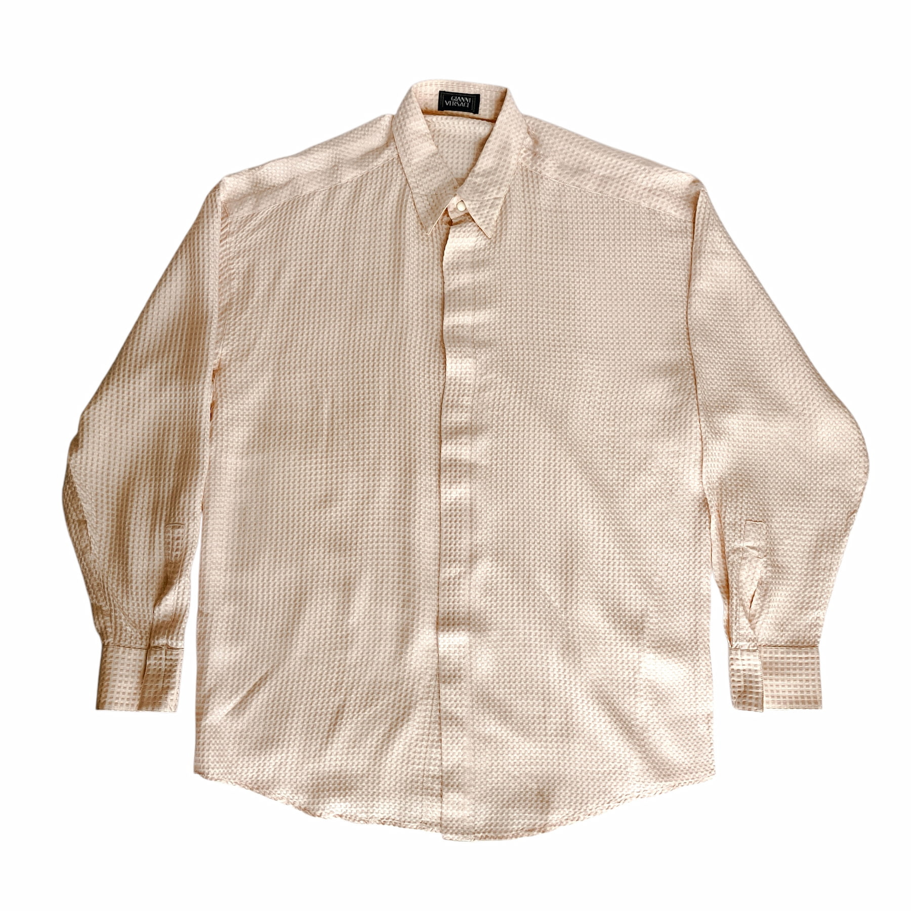 GIANNI VERSACE ジャンニ ヴェルサーチ シルク ワッフル織り 長袖 ワイシャツ ピンク シルク メンズ 比翼仕立て size 46 イタリア製【中古】【鑑定済み】【送料無料】
