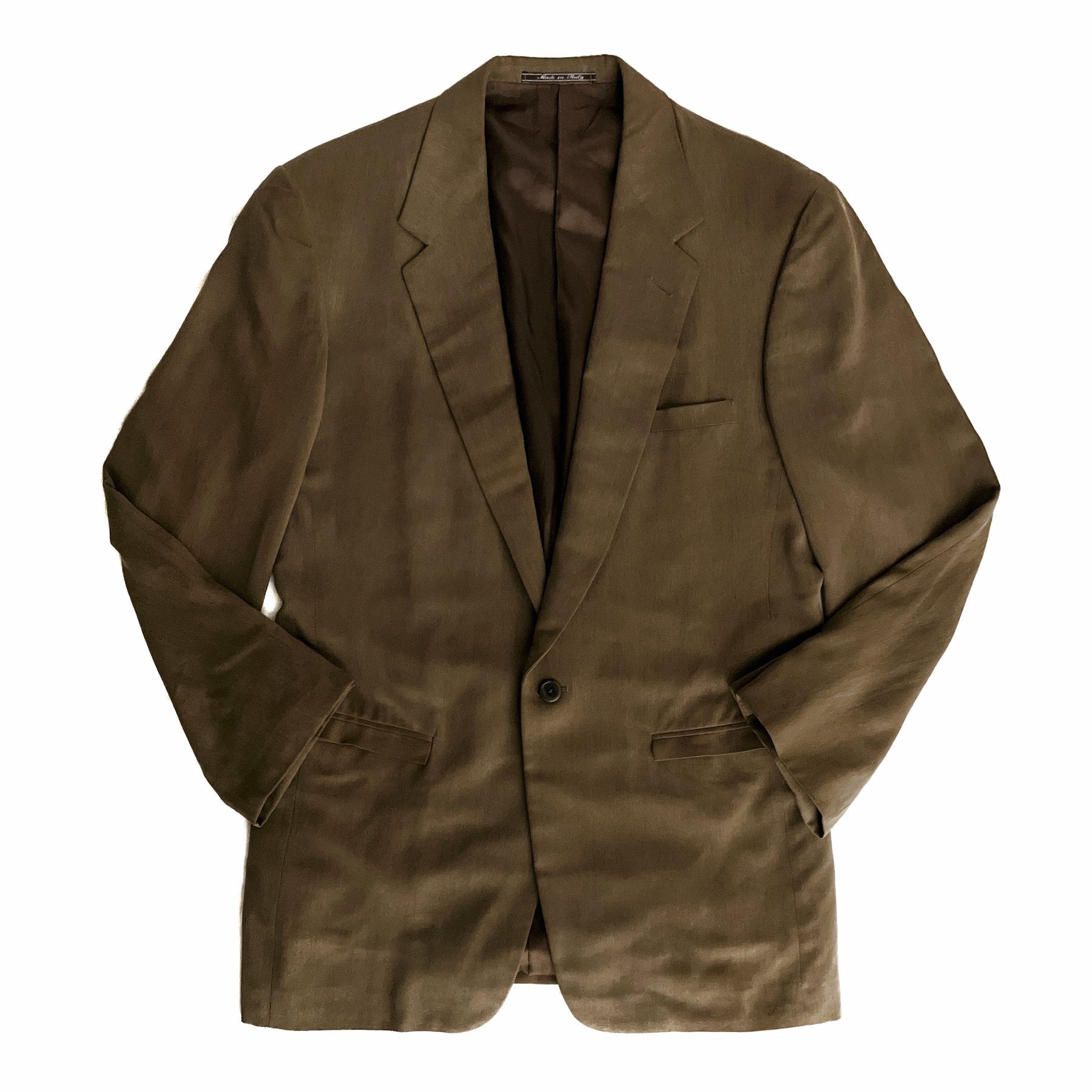 GIANNI VERSACE ジャンニ ヴェルサーチ シルク シングル テーラード ジャケット 無地 メンズ カーキ size 46 ビジネス カジュアル 当時物 Aランク【中古】【鑑定済み】