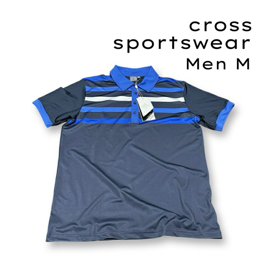 Cross Sportswear クロス スポーツウエア ボーダー柄 半袖 ポロシャツ ブルー ネイビー ゴルフウェア メンズ size M タグ付き【新品】【鑑定済み】【送料無料】 8,910円