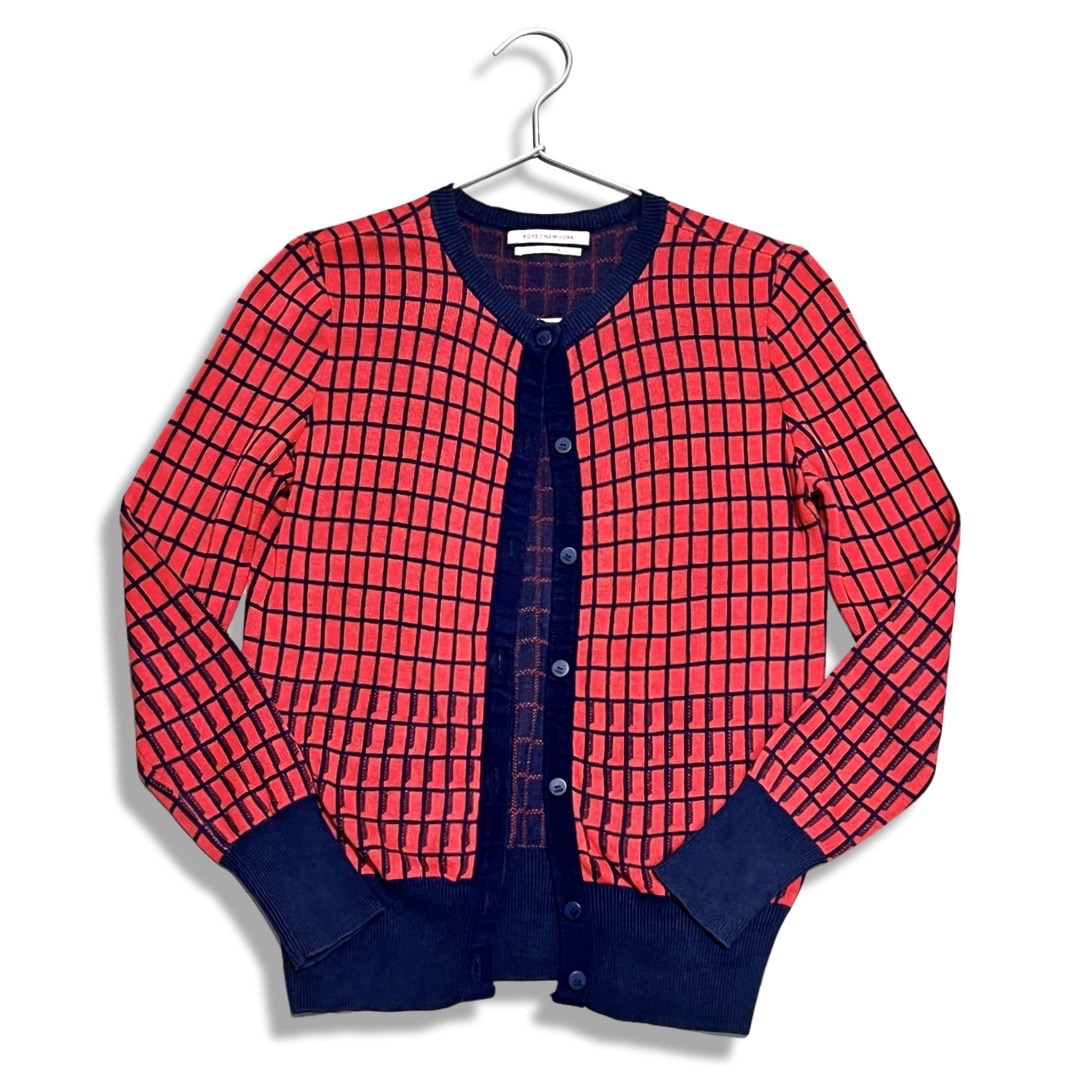 FOXEY NEW YORK COLLECTION フォクシーニューヨーク チェック柄 ニット カーディガン マリーン ネイビー レッド 35680 レディース【中古】【鑑定済み】【送料無料】|ブランハート 店