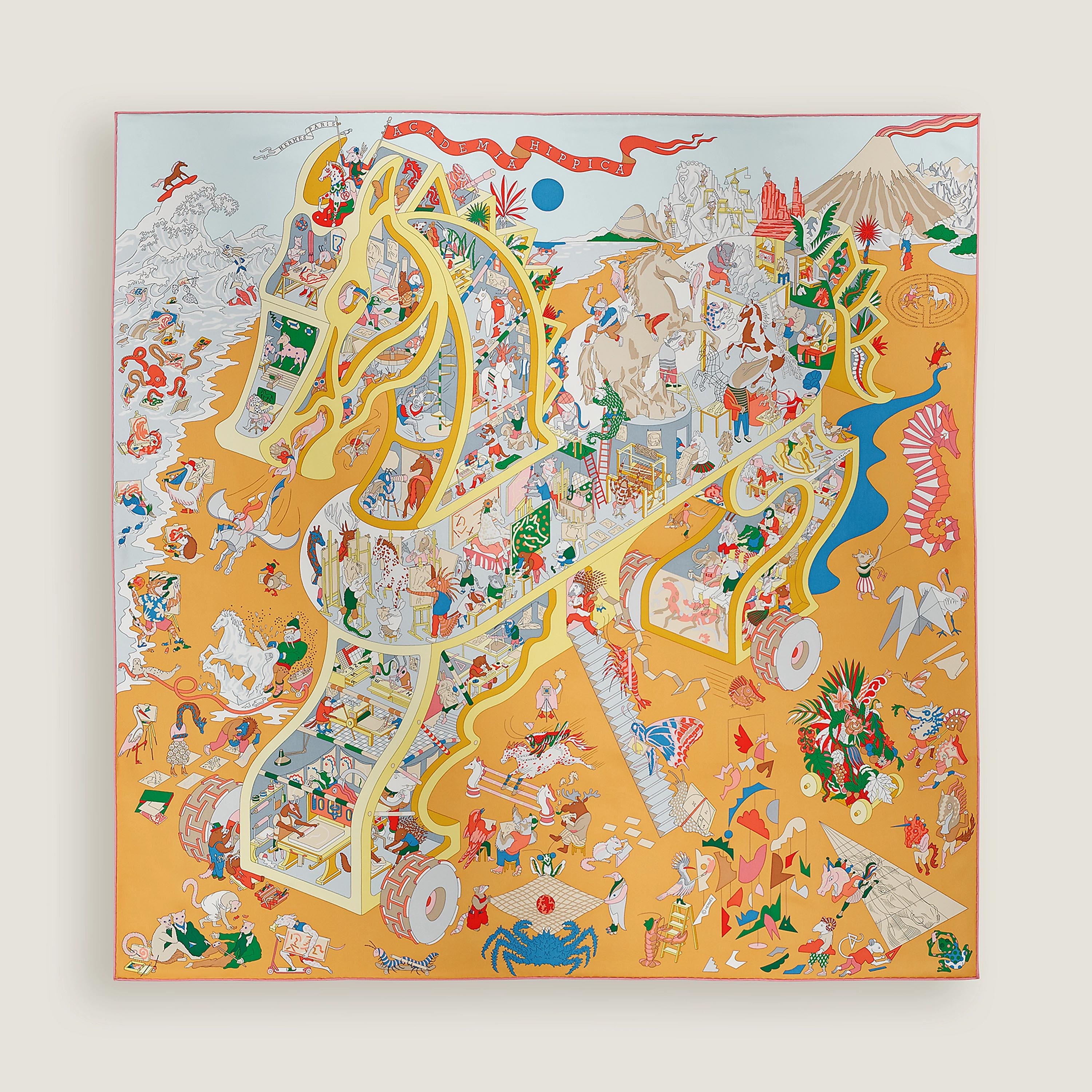 【新品負けず劣らず・未当てはめる】HERMES Scarf エルメス えり巻き カレ 90 《アカデミア・イピカ》 黄色 青碧 オレンジ色 絹地 H004281Sマルチ色合い Academia Hippica scarf 90 貨物輸送無料 レディース メンズ 中古 2026新作