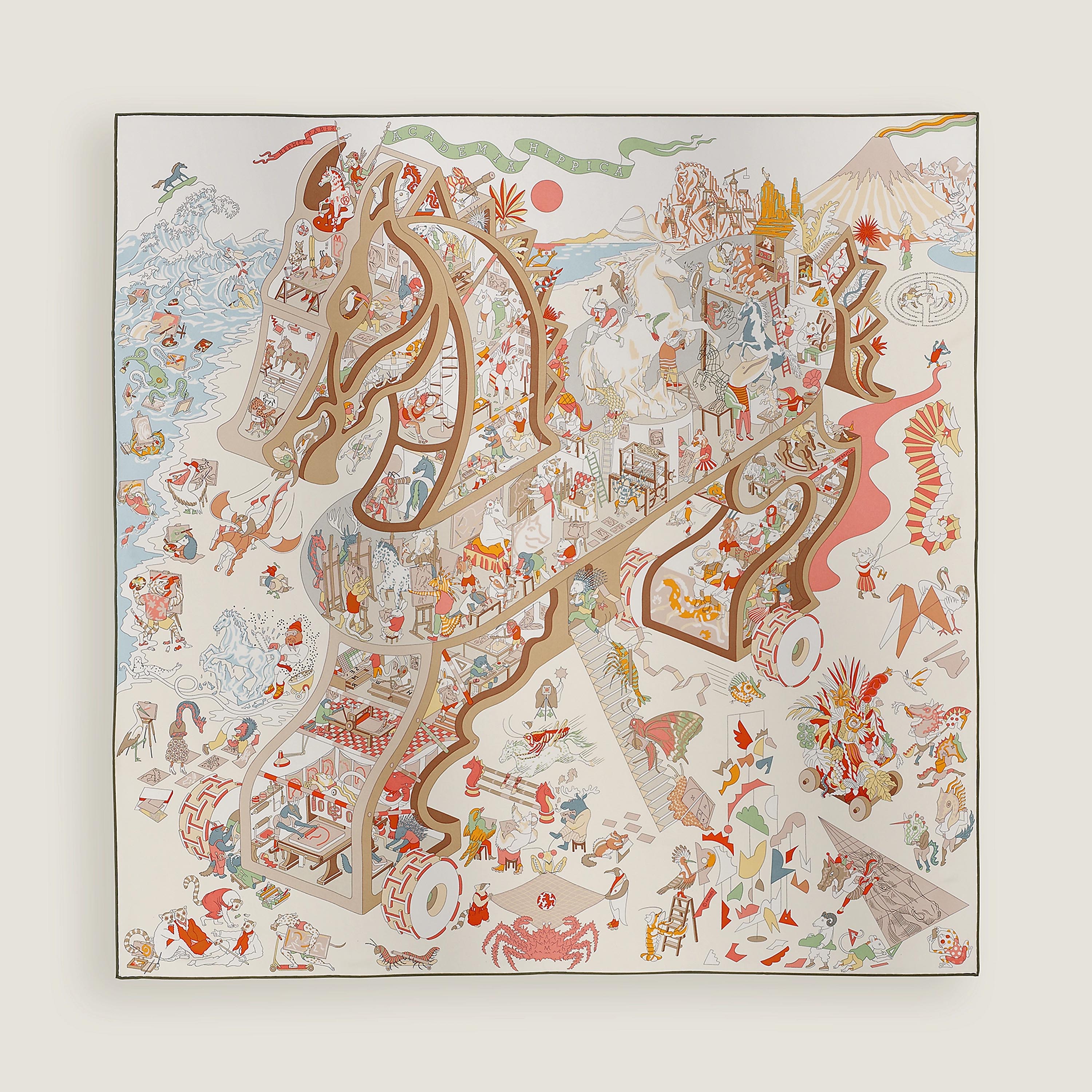 【新品負けず劣らず・未当て嵌める】HERMES Scarf エルメス えり巻き カレ 90 《アカデミア・イピカ》白 / さくら色・プードル / ベージュ 黒 / アルドワーズ / さくら色・プードル マルチ色つや 貨物輸送無料 レディース メンズ 中古