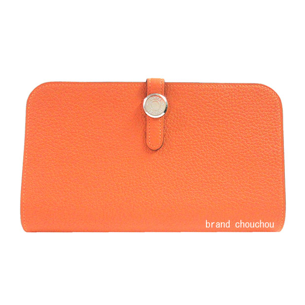 《 新品 》HERMES エルメス ドゴン 二人組 GM トゴ オレンジ色 しろがね色金具 金入れ K目じるし 箱 シュロの葉 ラッピング 《BrandNew》 HERMES Dogon Duo GM Togo Orange Silver Hardware Wallet K Stamp Box Ribbon Wrapping