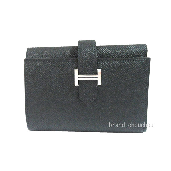 ≪ 新品 ≫ HERMES エルメス ベアン コンビネ 三つ折り ミニ金入れ 黒黒いこと エプソン しろがね色金具 箱 シュロの葉 ラッピング ベアンミニ K目じるし ≪Brand new≫ HERMES Bearn Combine Black Silver Backle Epson K stamp