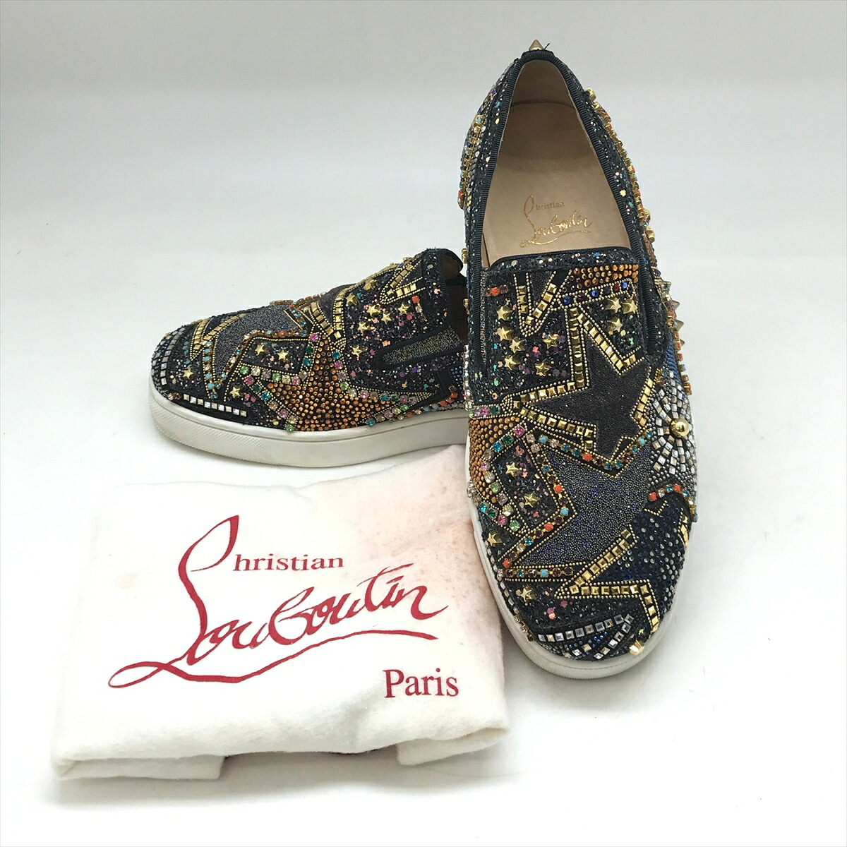 Christian Louboutin クリスチャン ルブタン 1180521 PISTOZETOILE FLAT GLITTER DRAGONFLY 39 マルチカラー グリッター スリッポン 【中古品】 25-020710