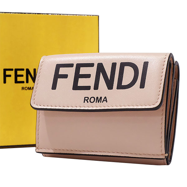 貨物輸送無料 本物 美品 FENDI フェンディ マイクロトリフォールドウォレット 8M0395 なめし革 サクラ色 三つ折り札入れ レディース 721-9