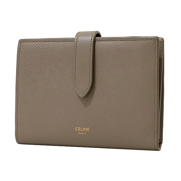 送料無料 本物　CELINE セリーヌ ミディアムストラップウォレット グレインカーフ ぺブル 二つ折り財布 グレージュ レディース 793-10｜リユースブランドMEDAKA