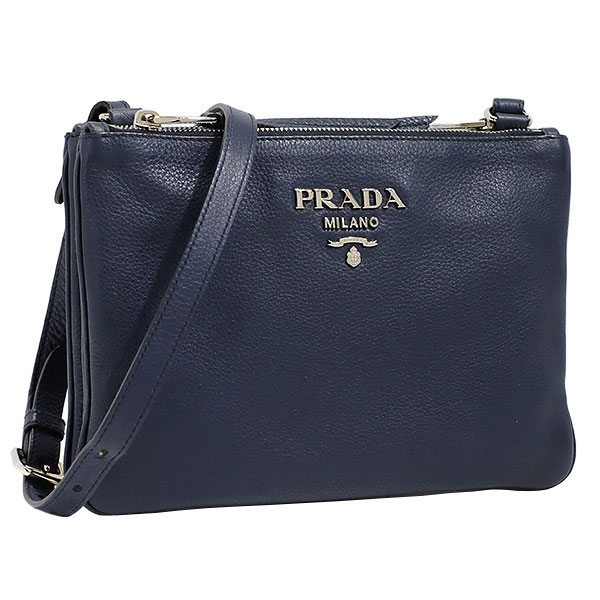 送料無料 本物　一押し PRADA プラダ ダブルポケット レザーショルダーバック グレインレザー 1BH046 ネイビー レディース シルバー金具 革 806-25｜リユースブランドMEDAKA