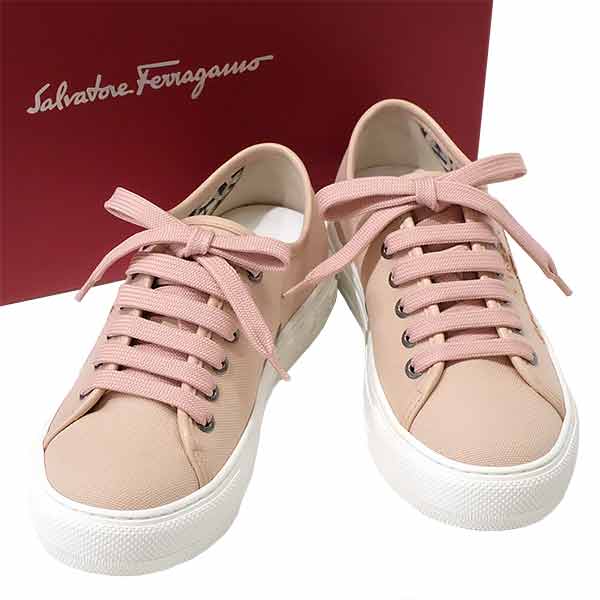 送料無料 本物 美品 SalvatoreFerragamo サルヴァトーレフェラガモ レディース ロゴスニーカー キャンバス ピンク ローカット 5 コットン 7231-3