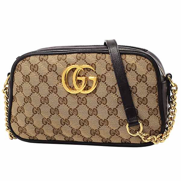 貨物輸送無料 本物 一般受け GUCCI グッチ チェーン店ショルダーバック GG帆布×なめし革 447632 GGマーモント ベージュ×黒いこと レディース 7437-1