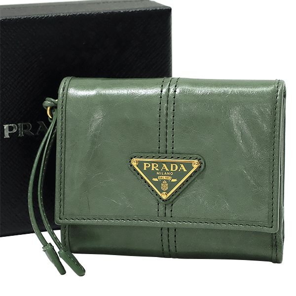 貨物輸送無料 本物 PRADA プラダ コンパクトウォレット 1MH043 ソフトルックスレザー サルヴィア緑であること ３角形ロゴタイプ レディース 紙入れ 851-172