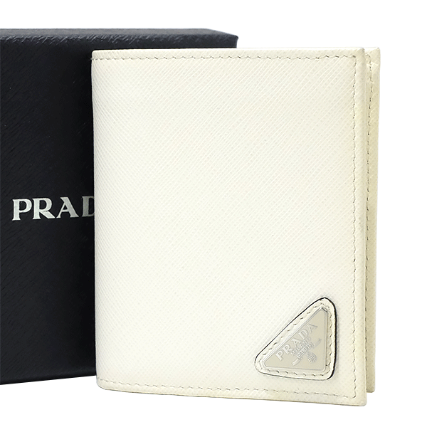 貨物輸送無料 本物 PRADA プラダ コンパクトウォレット 2MO008 サフィアーノレザー ビアンコ 三角形ロゴタイプ メンズ 二つ折り紙入れ 白 ミニ 865-5