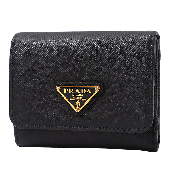 貨物輸送無料 本物 PRADA プラダ コンパクトウォレット 1MH043 サフィアーノレザー 黒いこと ３角形ロゴタイプ 三つ折り紙入れ ユニ一発やる 868-9