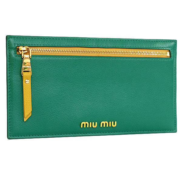 貨物輸送無料 本物 極美品 miumiu ミュウミュウ 両面ファスナースリムポーチ 銭入れ 緑であること なめし革 小容れもの レディース メンズ 格好のいい 1072-90M