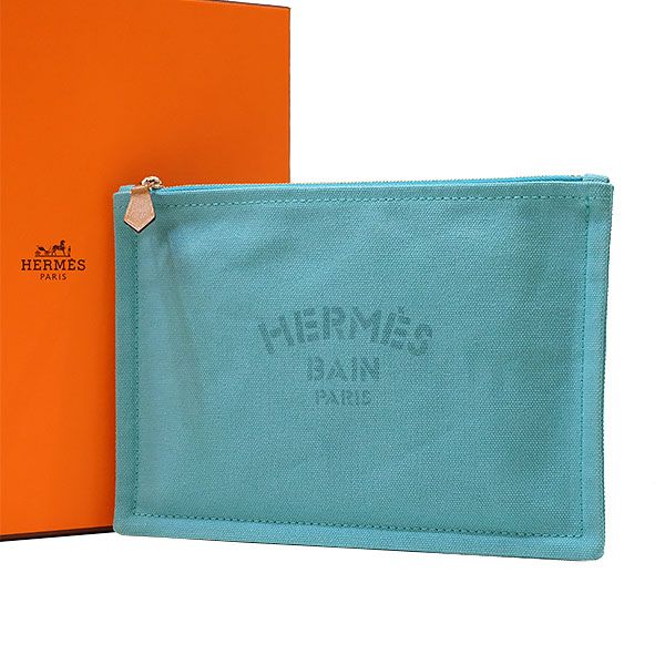 貨物輸送無料 本物 Hermes エルメス ヨッティングpm トワル 皮革 車寄 クラッチペダル 小物入れ 後 青緑であること 水色 571 16 Olc54 Fr