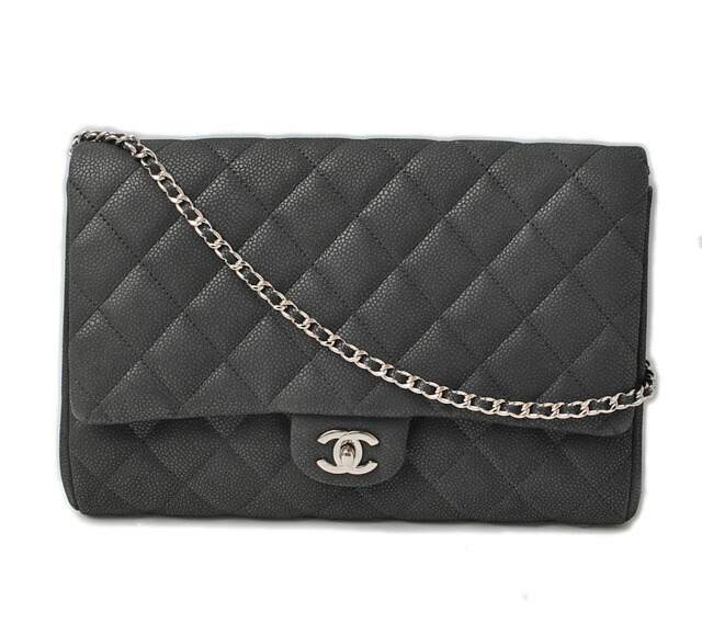 Chanel Shoulder Bag Clutch Caviar Skin Black Silver Metal Ings