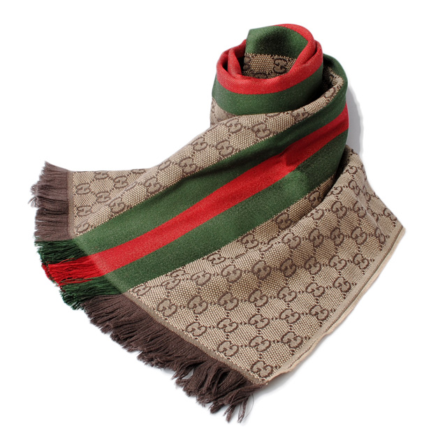 Import shop P.I.T.: Gucci scarf / winter scarf GUCCI GG pattern beige / brown green / red fringe ...