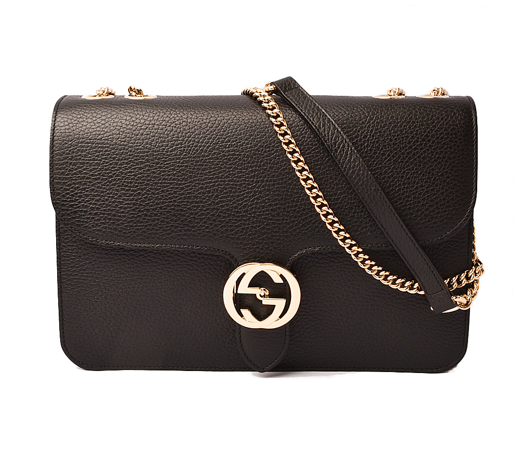 gucci black leather bag gold chain