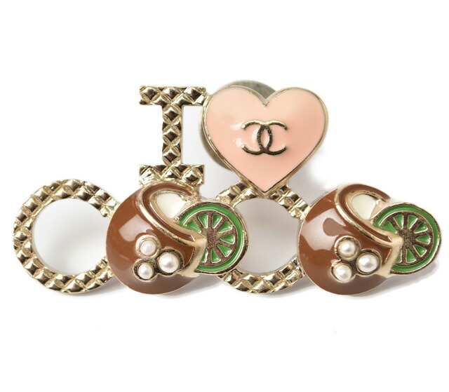 シャネル ブローチ/ピンバッジ CHANEL ピンブローチ I LOVE COCO ハートモチーフ ゴールド/ブラウン【中古】 46,200円