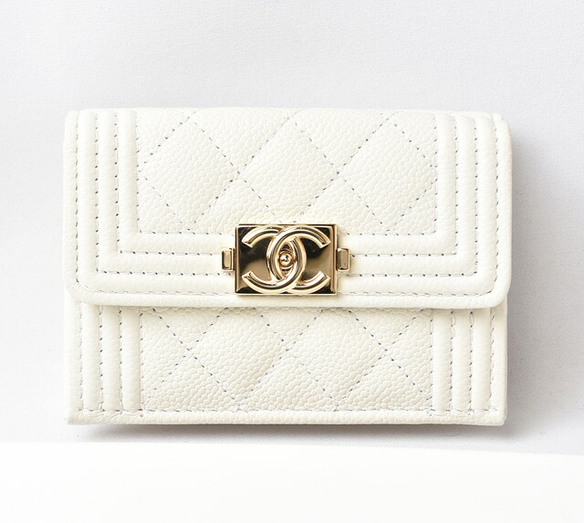 シャネル 財布/三つ折 CHANEL ミニ財布 ボーイシャネル キャビアスキン オフホワイト ゴールド【中古】
