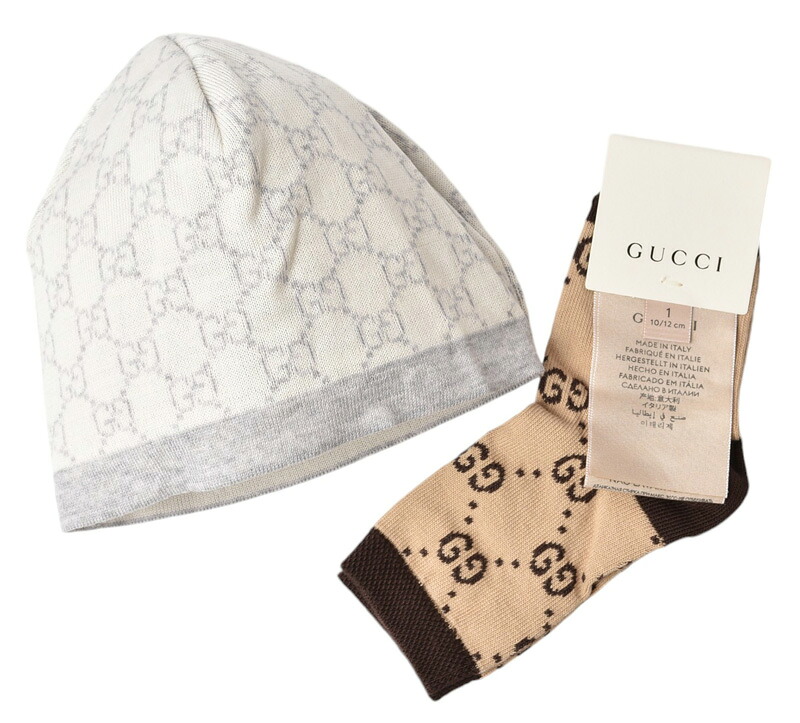 グッチ ベビー ニット帽/靴下セット GUCCI ナ ベビーニットキャップ 帽子/靴下 GG柄 出産祝い 未使用【中古】