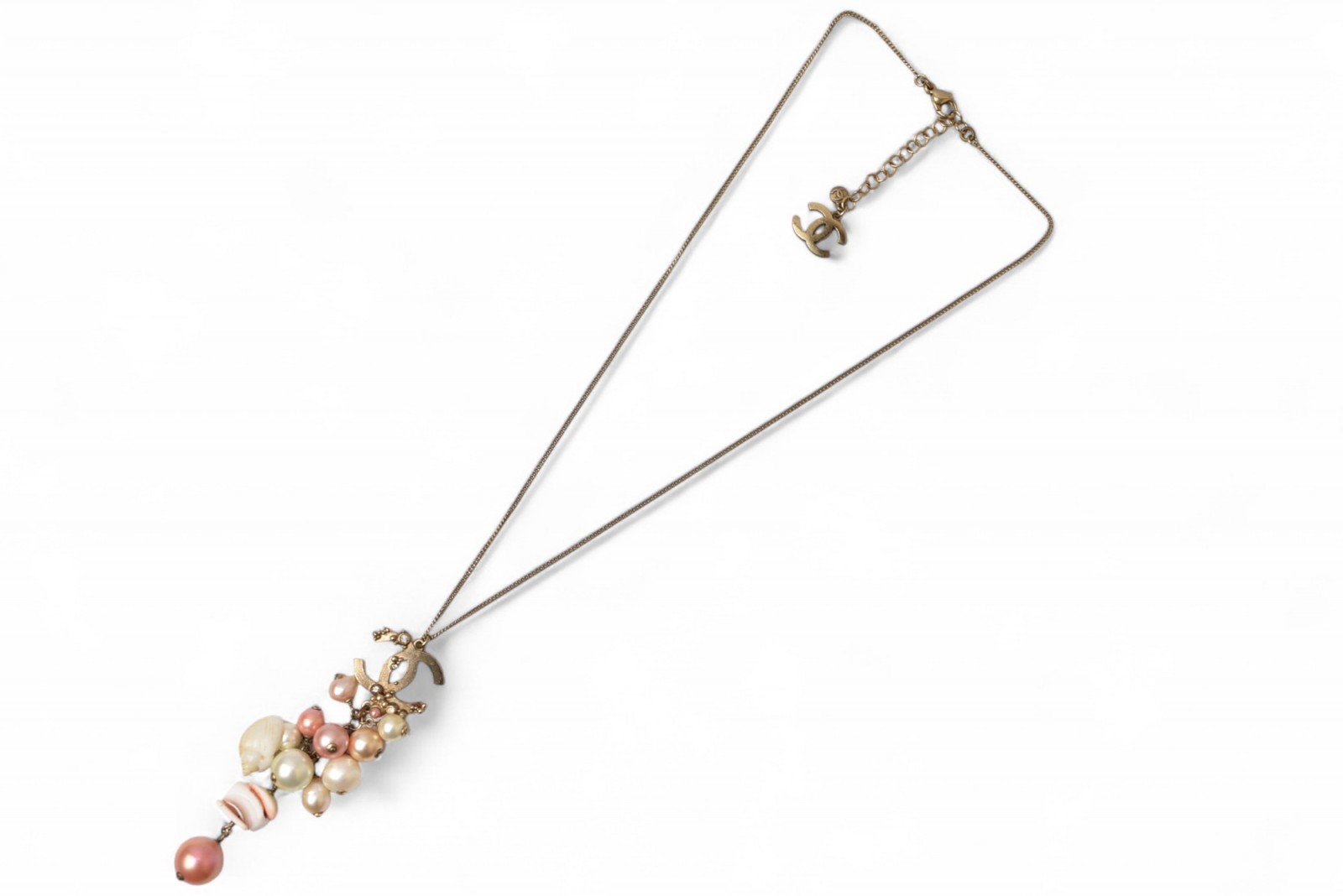 シャネル ロングネックレス/ペンダント CHNAEL ココ/CC/パール/シェルモチーフ アンティークゴールド/ローズ 07【中古】