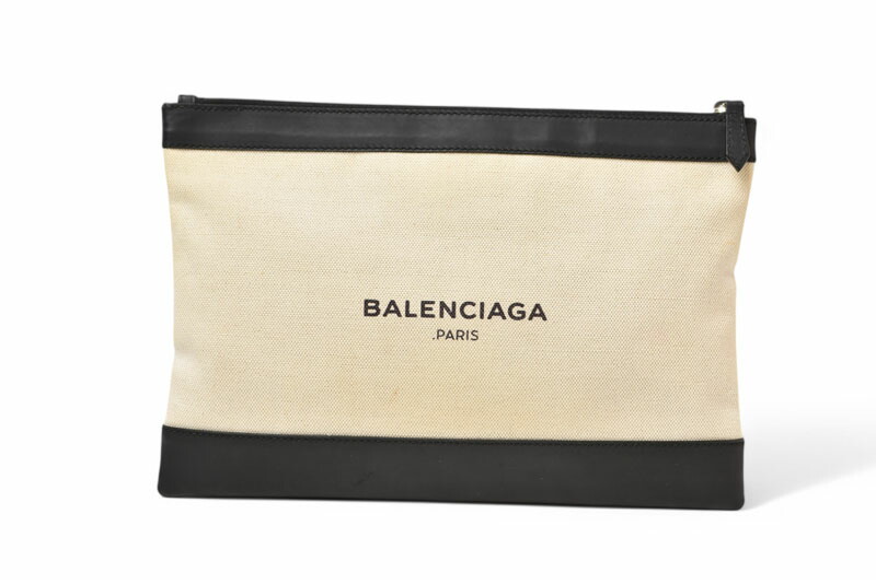 バレンシアガ クラッチバッグ/セカンドバッグ BALENCIAGA NAVY CLIP/ネイビークリップ ポーチ キャンバス/レザー ナチュラル/ブラック 373834【中古】