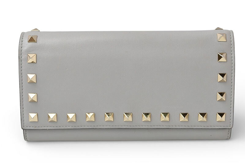 ヴァレンティノ 財布 VALENTINO 長財布 バレンチノ ロックスタッズ ライトグレー メンズ/レディース【中古】