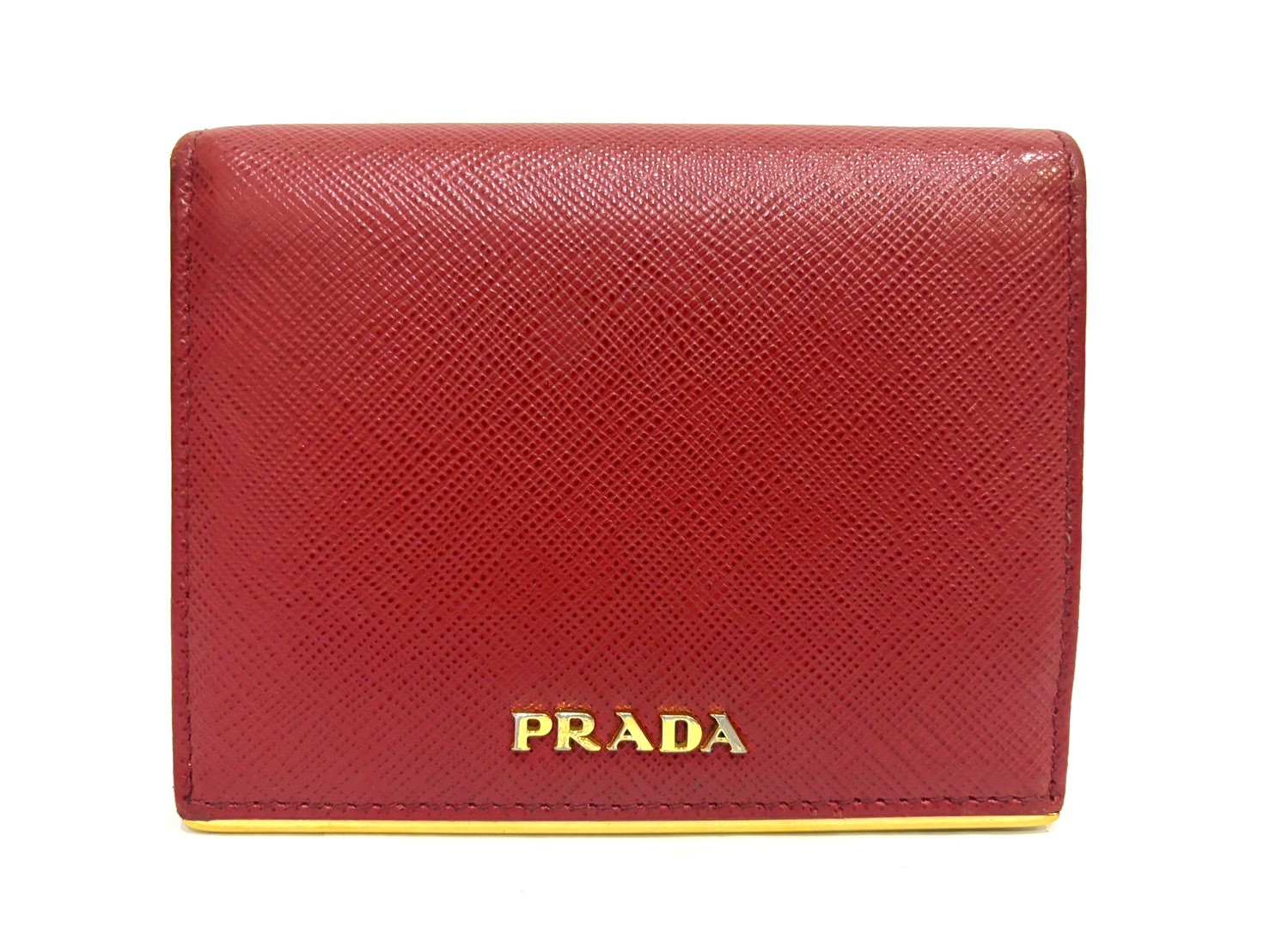中古 プラダ コンパクト財布 二つ折り サフィアーノ レザー ゴールド金具 1MV204 ABランク レッド レディース PRADA 【送料無料】【西神店】