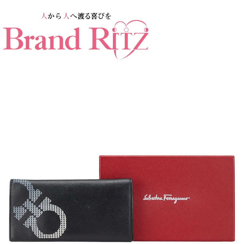中古 サルヴァトーレフェラガモ 長財布 ABランク ダブルガンチーニ ブラック レザー メンズ Salvatore Ferragamo 【送料無料】【西神店】