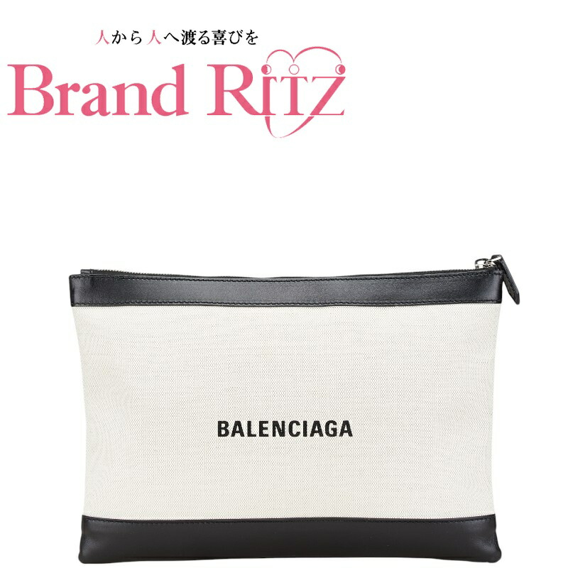 美品　バレンシアガ　クラッチバッグ　レザーロゴ　キャンパス　ポーチ　白　黒 063458-00.jpg