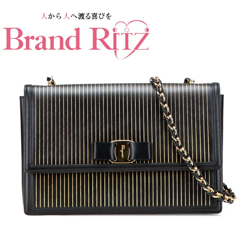 【この上なくお得!!引き換え証あり＆10％OFF】中古 サルヴァトーレフェラガモ ヴァラ シュロの葉 縞模様 チェーン店 ショルダーバッグ PVC A位置づける 黒いこと ゴールド レディース Salvatore Ferragamo 【貨物輸送無料】【三田店】