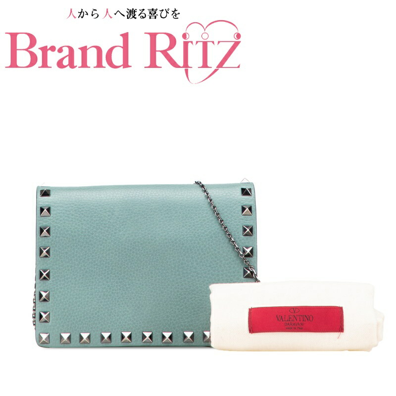 【この上なくお得!!クーポン券あり＆10％OFF】中古 ヴァレンティノ ロックスタッズ チェーン店 ショルダーバッグ クラッチペダル御徒面子 2WAY AB序列付ける しろがね色 緑であること なめし革 レディース VALENTINO 【貨物輸送無料】【名谷店】