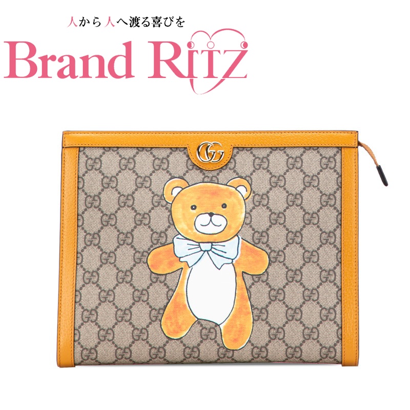 中古 グッチ × EXO KAI GGスプリーム テディベア クラッチペダル御徒面子 A序列付ける 660513 ベージュ オレンジ色 PVC なめし革 レディース GUCCI 【貨物輸送無料】【西神店】