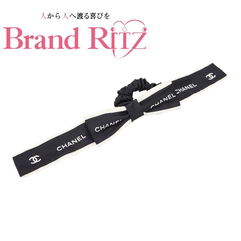 中古 シャネル ココマーク ロゴ リボン シュシュ ヘアアクセサリー シルク Aランク ブラック ホワイト レディース CHANEL 【送料無料】【三田店】