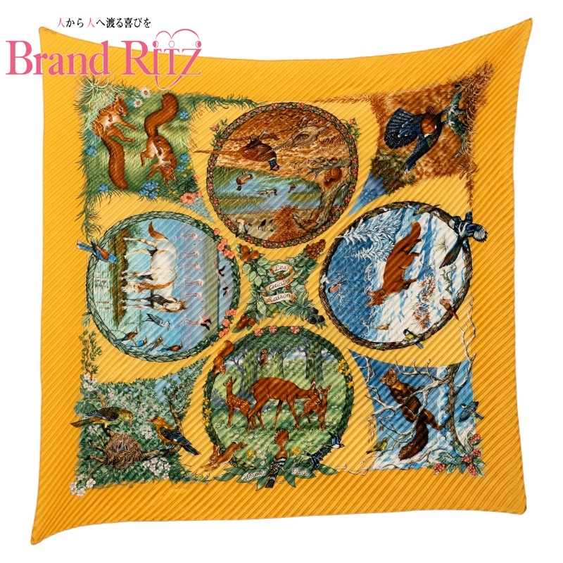中古 美品 エルメス Aランク プリーツカレ Les Quatre Saisons 四季 スカーフ イエロー マルチカラー シルク レディース HERMES 【送料無料】【西神店】 25,760円