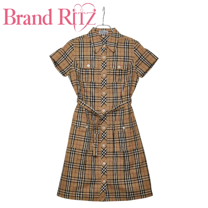 中古 バーバリー 150A ノバチェック 半袖 ティーシャツ衣裳 ベージュ 綿織物 キッズ BURBERRY 【貨物輸送無料】【西神店】 シャツワンピース-レディースファッション
