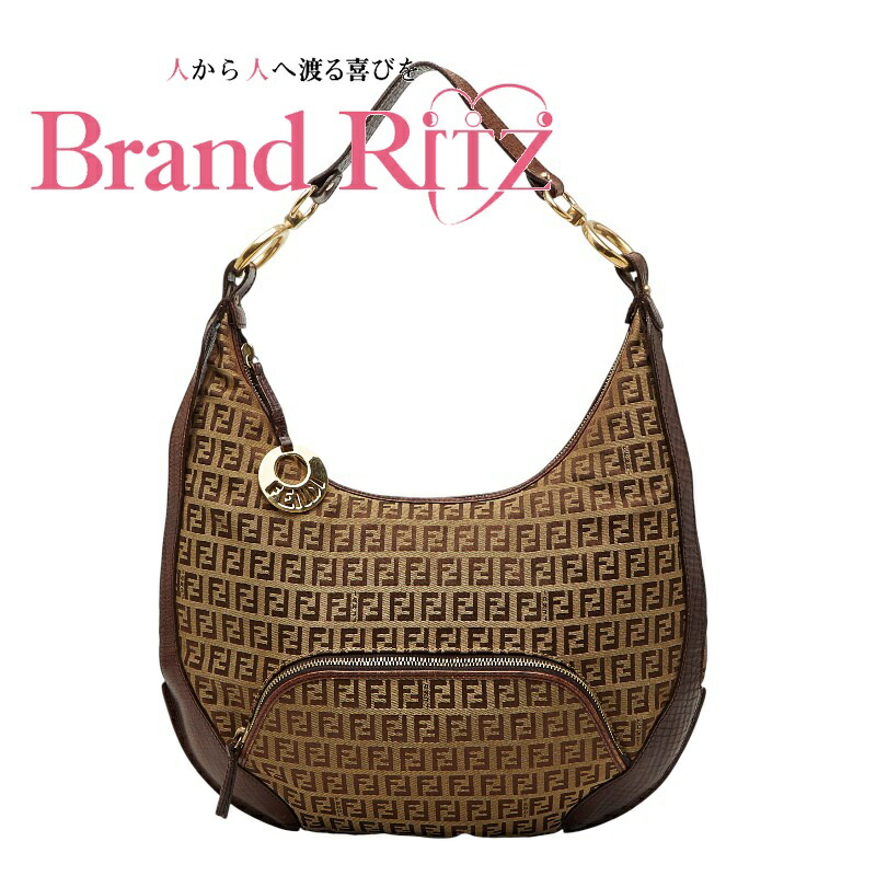 中古 フェンディ ズッキーノ ショルダーバッグ ハーフムーン 8BR465 ブラウン キャンバス レザー レディース FENDI 【送料無料】【西神店】