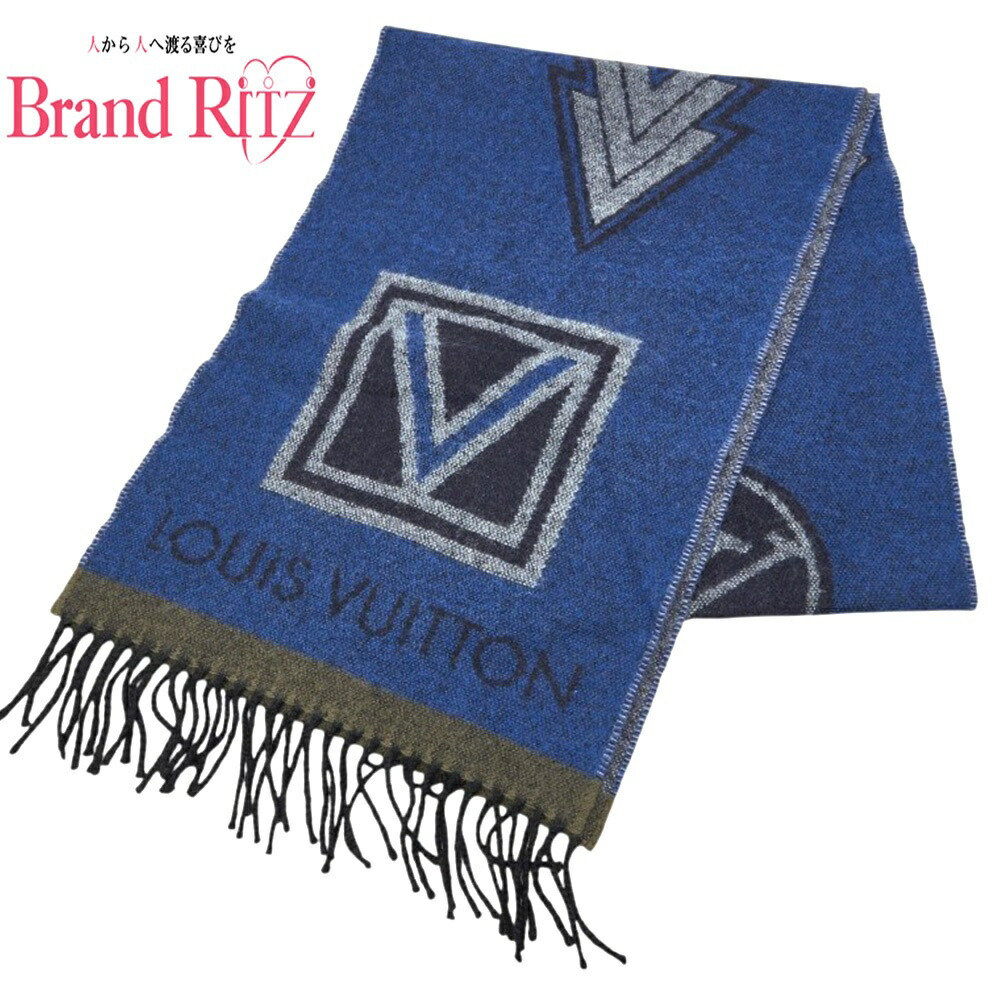 中古 ルイ ヴィトン マフラー M70039 ブルー マルチカラー ウール エシャルプ LV スティッカーカシミヤ レディース LOUIS VUITTON 【送料無料】【名谷店】｜ブランド　リッツ