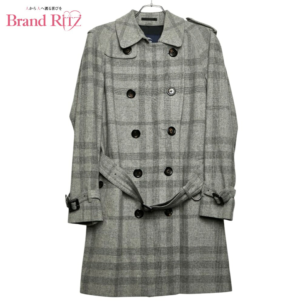 中古 バーバリー チェック トレンチコート サイズM グレー ウール メンズ BURBERRY 【送料無料】【名谷店】