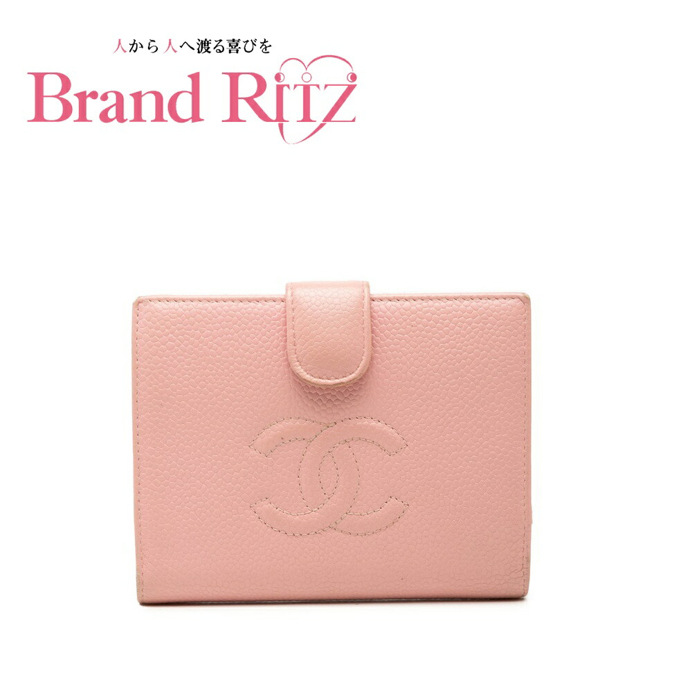 中古 シャネル ココマーク 二つ折り 紙入れ サクラ色 金入れ キャビア人はだ レディース CHANEL 【貨物輸送無料】【西神店】