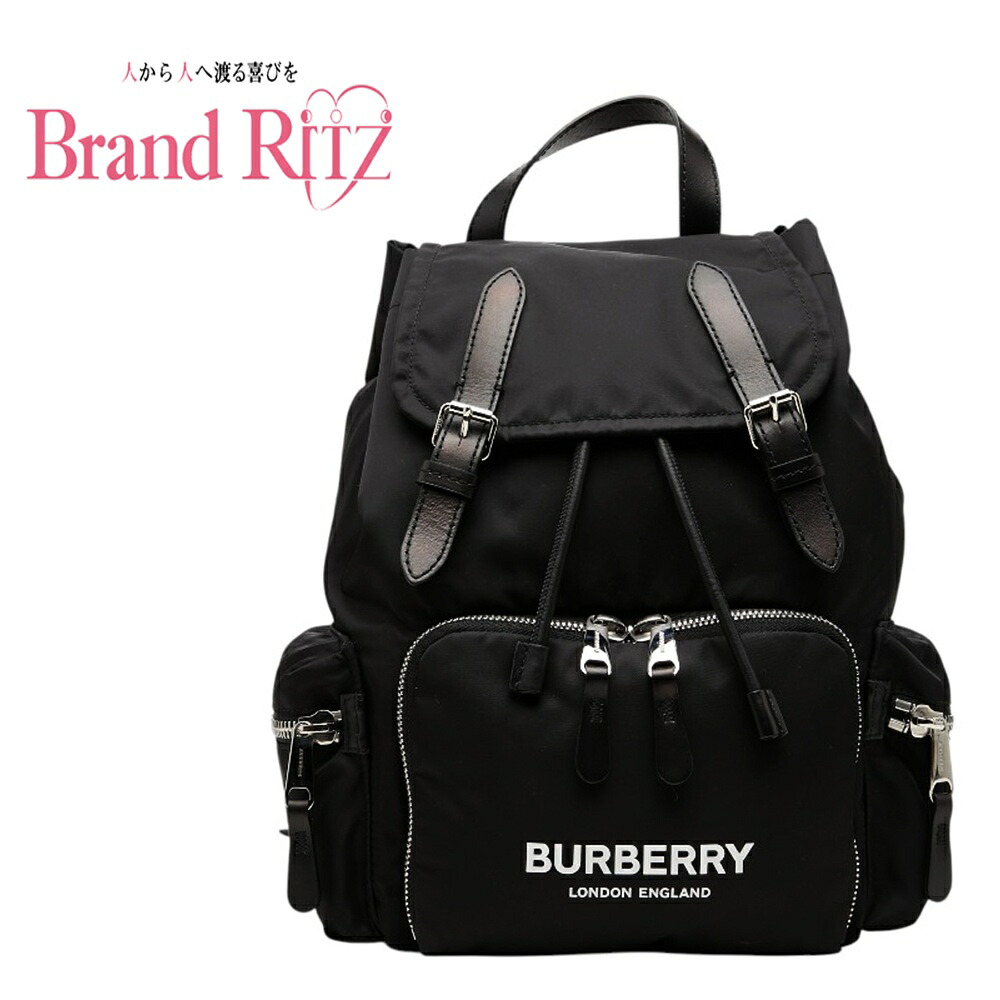 中古 バーバリー 美品 ロゴプリント リュック バックパック 8011617 ブラック カーフ ナイロン レディース BURBERRY 【送料無料】【名谷店】｜ブランド　リッツ