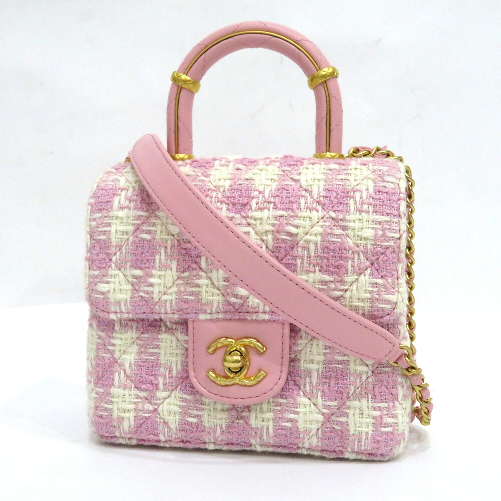新品 未使用 シャネル トップハンドル ツイード ミニバッグ Sランク 2WAY チェーン ピンク ゴールド金具 CHANEL 【送料無料】【名谷店】