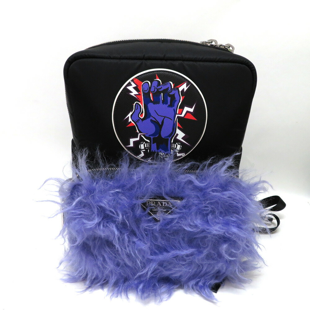 【この上なくお得!!引き換え証あり＆10％OFF】中古 未当て嵌める品 プラダ 御徒面子 フランケン 毛革 ナイロン S位置づける 2VZ043 背嚢 黒いこと×パープル うしろ側容器に並べる PRADA レディース メンズ 【貨物輸送無料】【三田店】