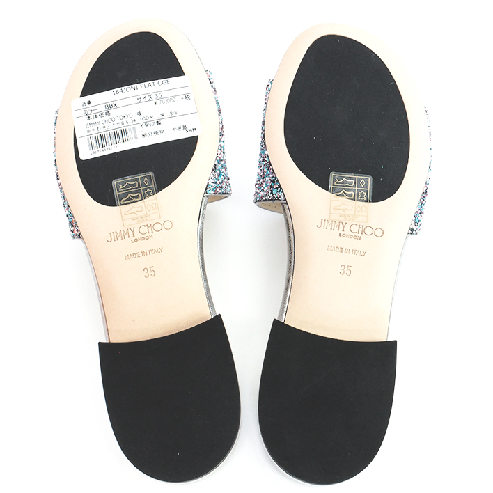 ジミーチュウ JONI FLAT グリッター スライドサンダル シルバー