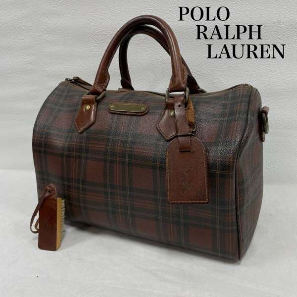 ポロラルフローレン　ミニボストン　チェック柄　チャーム　馬毛ブラシ　ロゴ金具 ポロラルフローレン ミニボストン チェック柄 チャーム 馬毛