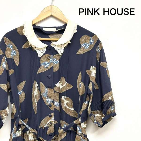ピンクハウス ロングワンピース 麦わら帽子柄 白襟 レースフリル プリント レトロワンピ P0131FA13 レディース 表記無し ISItems【USED】【古着】【中古】50154765