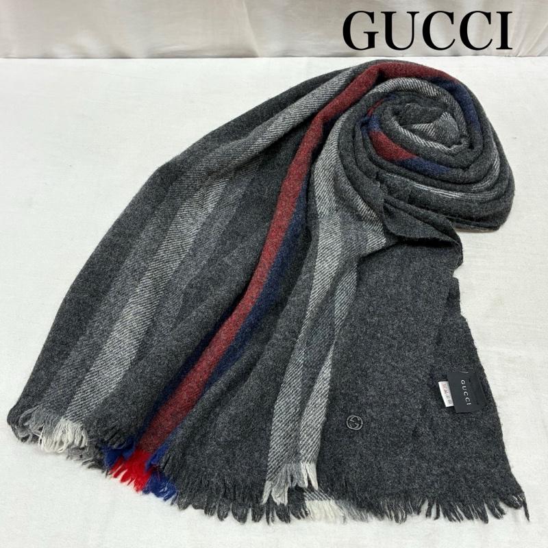 グッチ インターロッキングG ウール カシミヤ ストライプ フリンジ 大判 マフラー メンズ - ISItems【USED】【古着】【中古】50157602|クラシカ