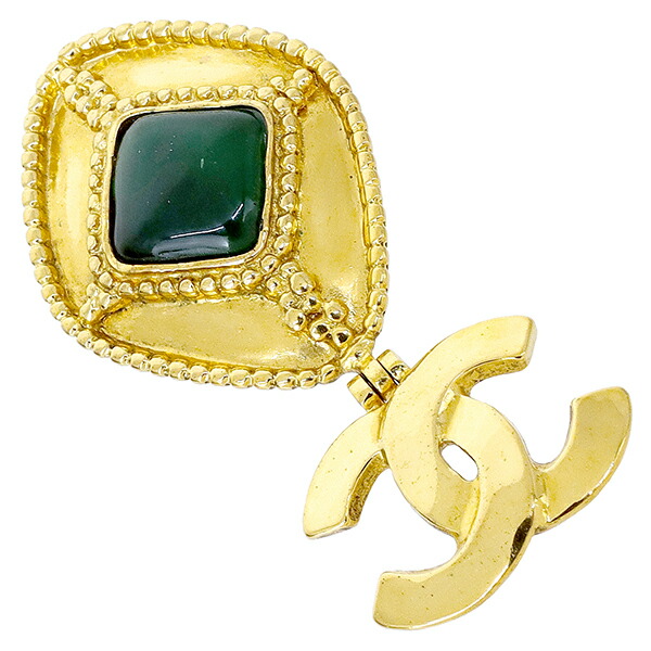 【10%OFF】 シャネル ブローチ ココマーク グリポア メタル GP ガラス ゴールド グリーン 緑 CHANEL シャネル ココマークブローチ レディース CCロゴ アクセサリー ピンブローチ VINTAGE ブランド 美品 中古